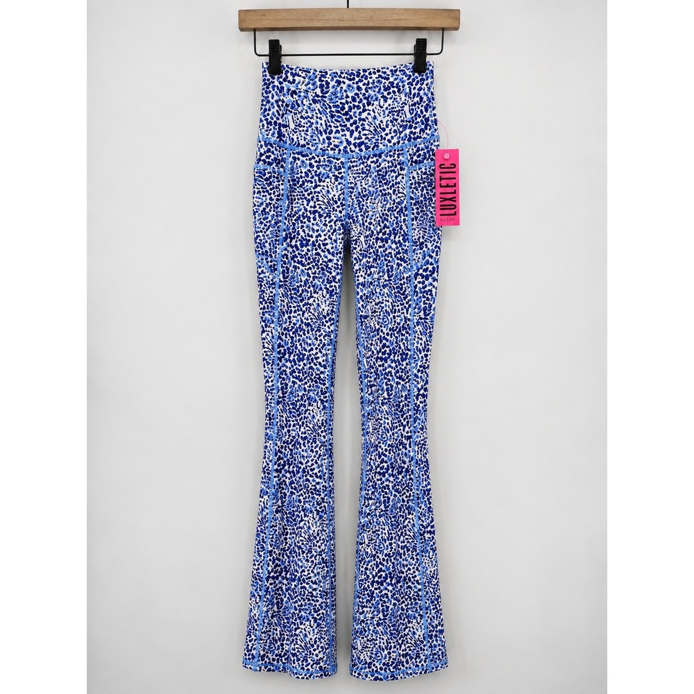 Lilly Pulitzer Luxletic Blue Leopard Flare Leg High Rise Active Yoga Pants XS‎